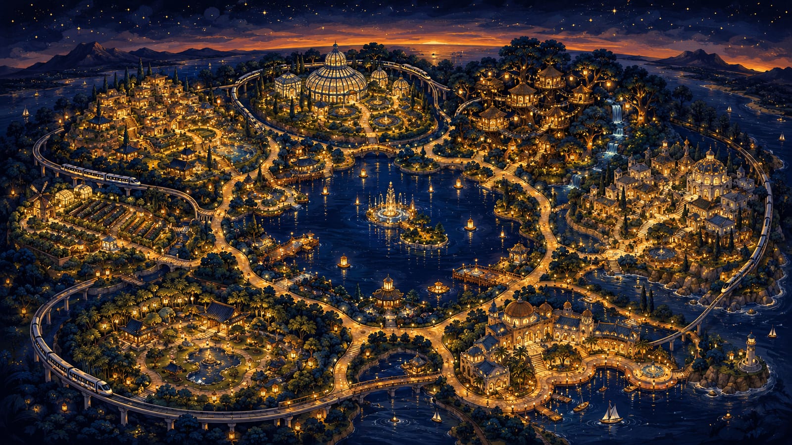 Illustrated bird's-eye map of an imaginary resort with seven themed districts around a central lake