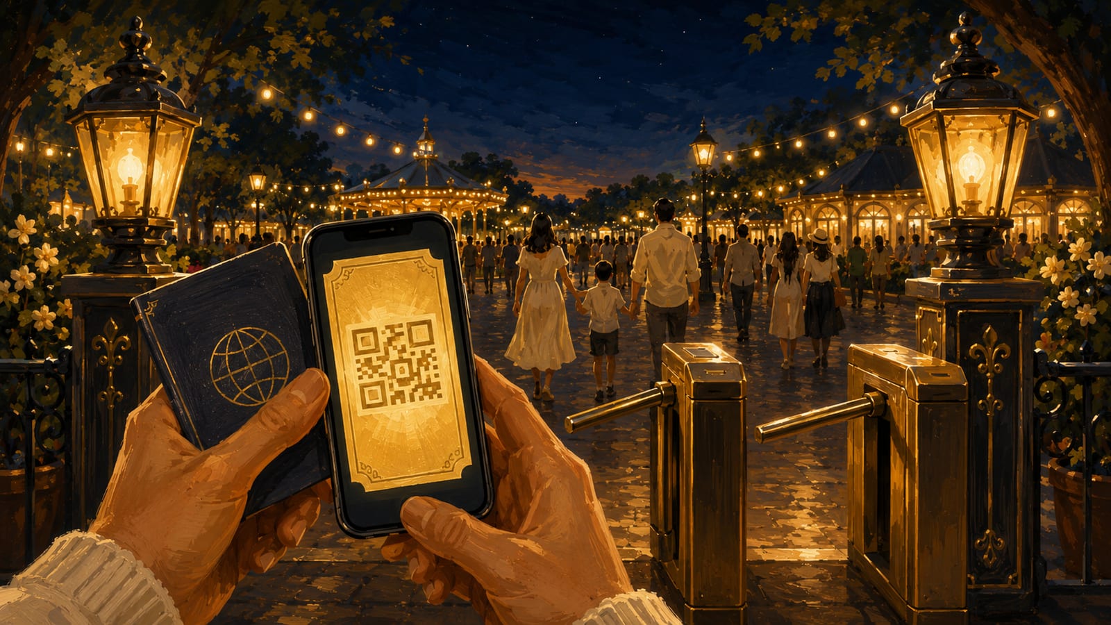 Illustration of hands holding a phone with a glowing digital ticket and a passport at a park entrance turnstile